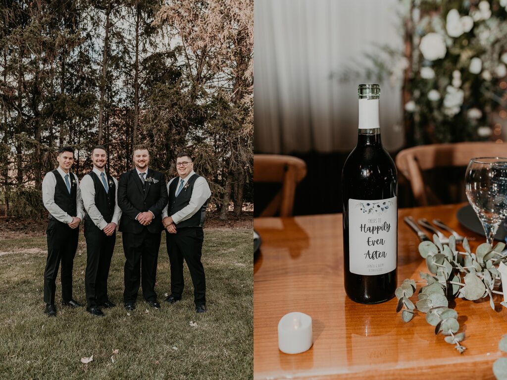 Image collage. Left image: the groom stands with his groomsmen for a portrait at Crescent Hill Acres. Right image: a picture of a wine bottle guest favour. Captured by top Sarnia, ON wedding photographer Ashlee Ellison.