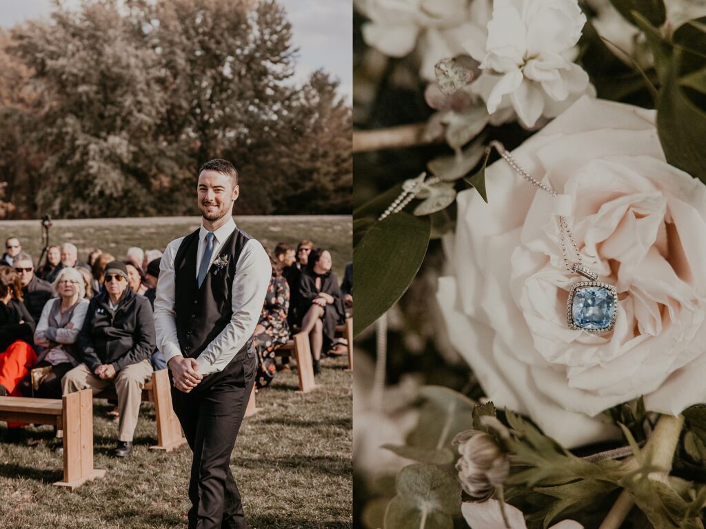 Image collage. Left image: A groomsman walks down the aisle for a Crescent Hill Acres wedding ceremony. Right image: The bride's necklace is photographed atop of a rose. Captured by top Sarnia, ON wedding photographer Ashlee Ellison.