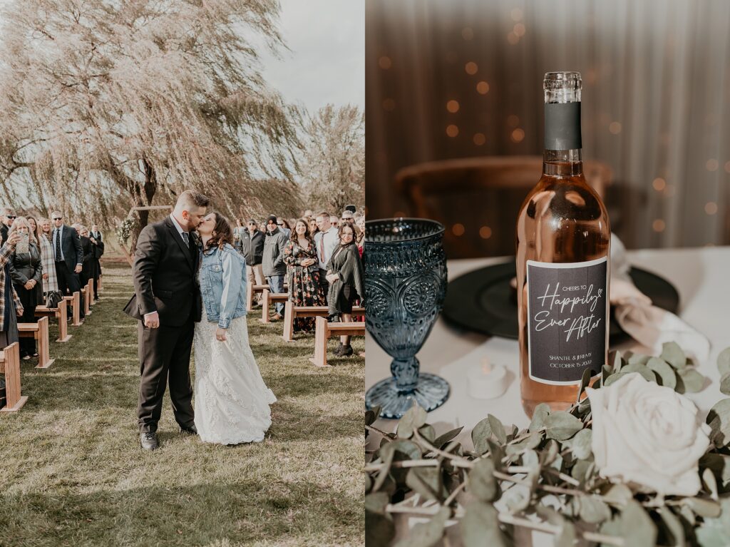 Collage of two images. On the left, the bride and groom share a kiss as they walk back up the aisle after their wedding ceremony. The bride is in her gown and denim jacket. The guests are looking at them and smiling. Captured by top Sarnia, ON wedding photographer Ashlee Ellison.