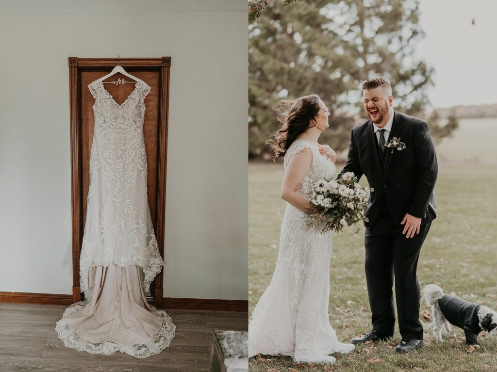 Collage of two images. On left, there is a in image of the bride's dress hanging. On the right, the bride and groom share a laugh in a filed during a first look. Captured at Crescent Hill Acres by top London, ON wedding photographer Ashlee Ellison.